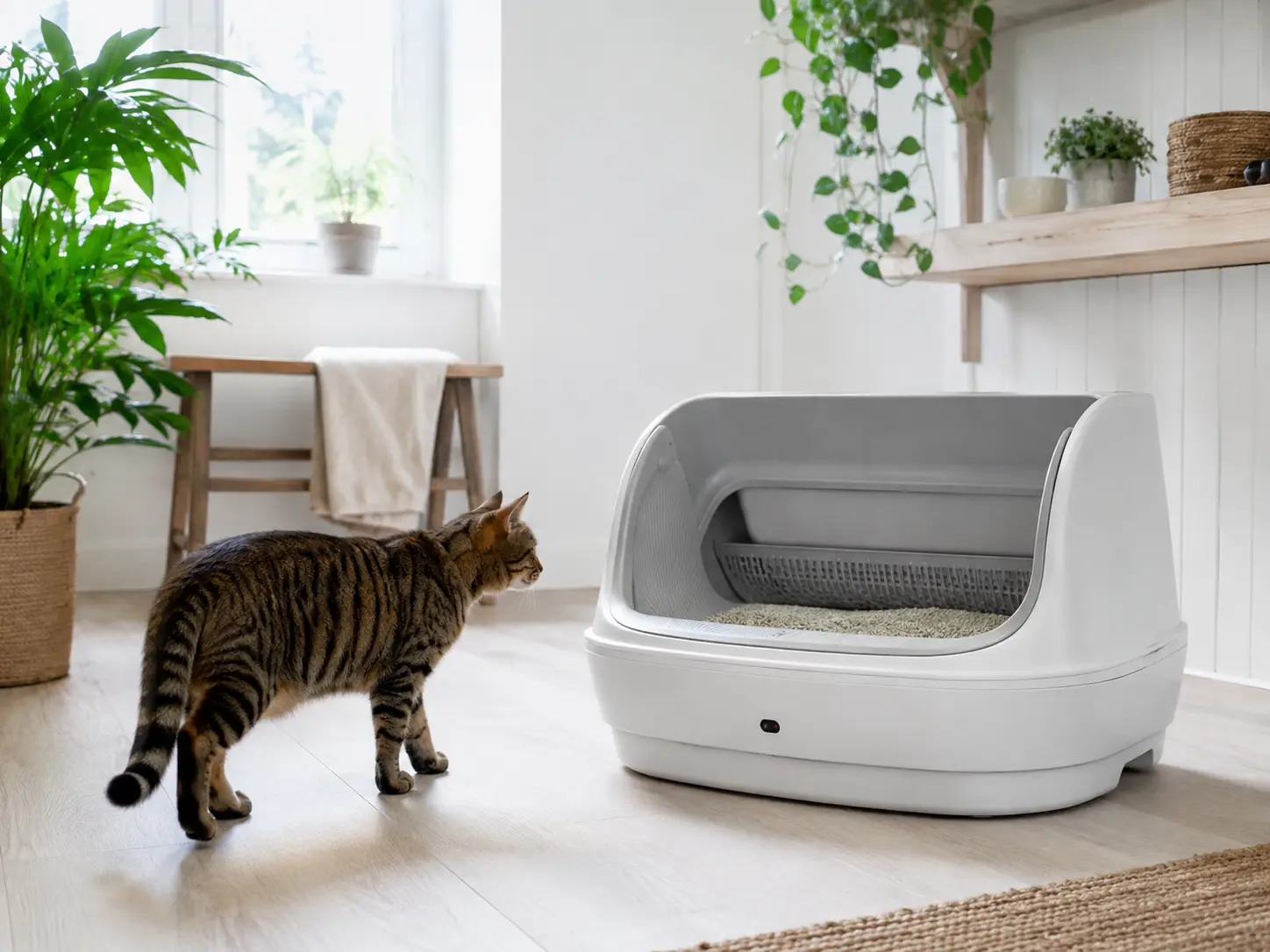 Gato acercándose a un arenero automático abierto