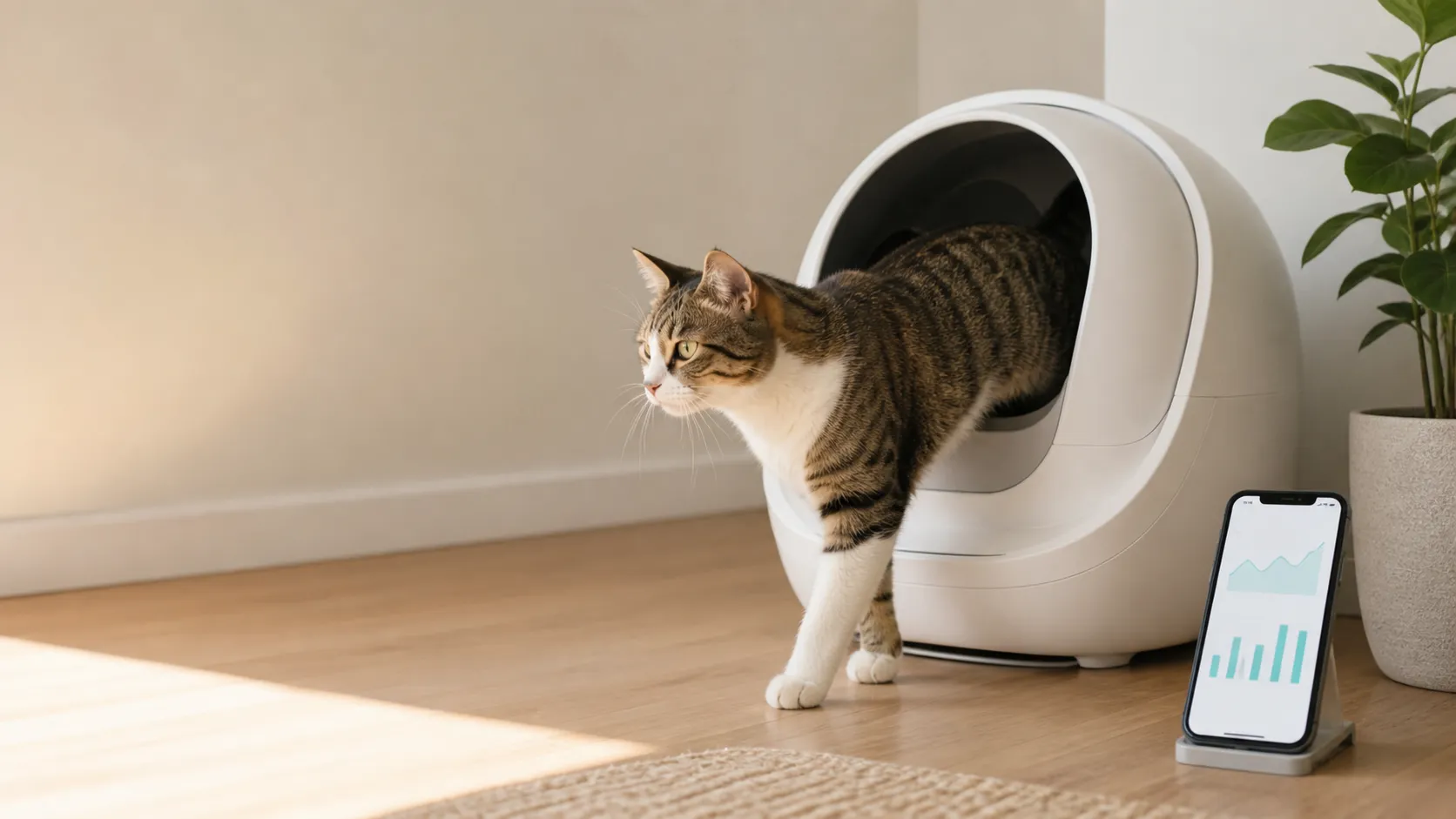Gato en un arenero inteligente y teléfono con gráficas de peso y visitas