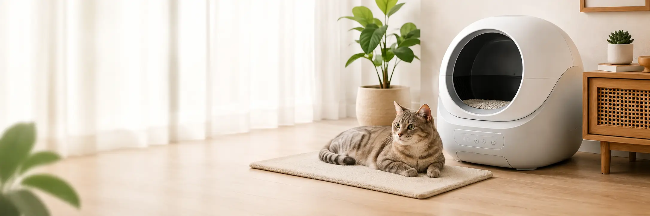 Gato atigrado descansando junto a un arenero automático blanco en un salón cálido