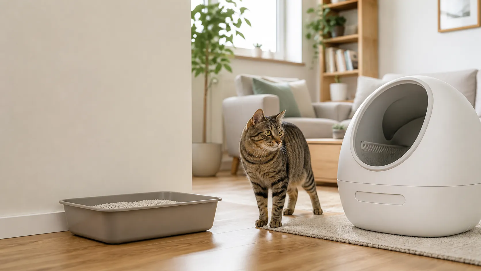 Gato explorando con calma un arenero automático apagado