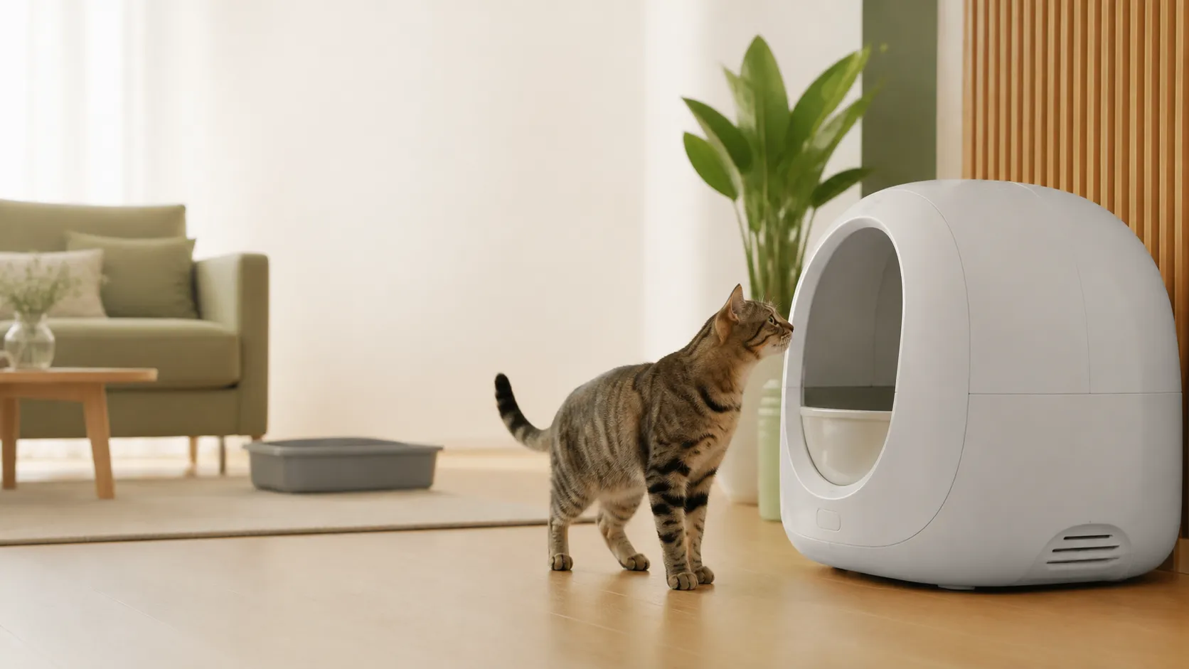 Gato junto a un arenero automático