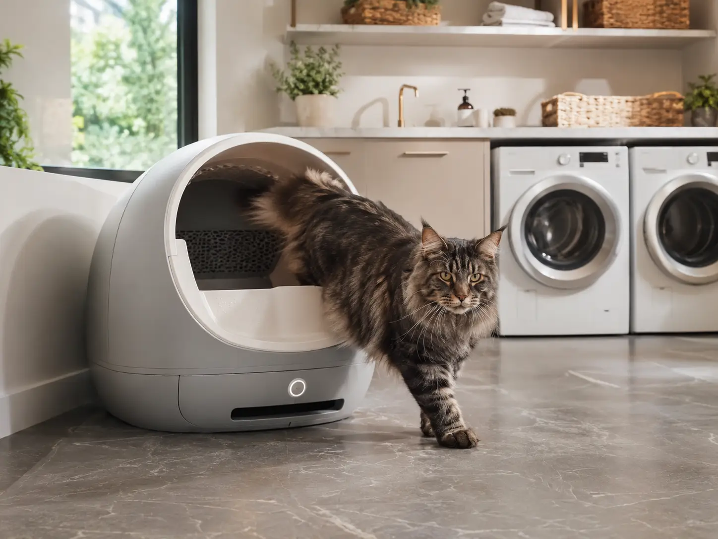 Gato grande saliendo de un arenero automático amplio