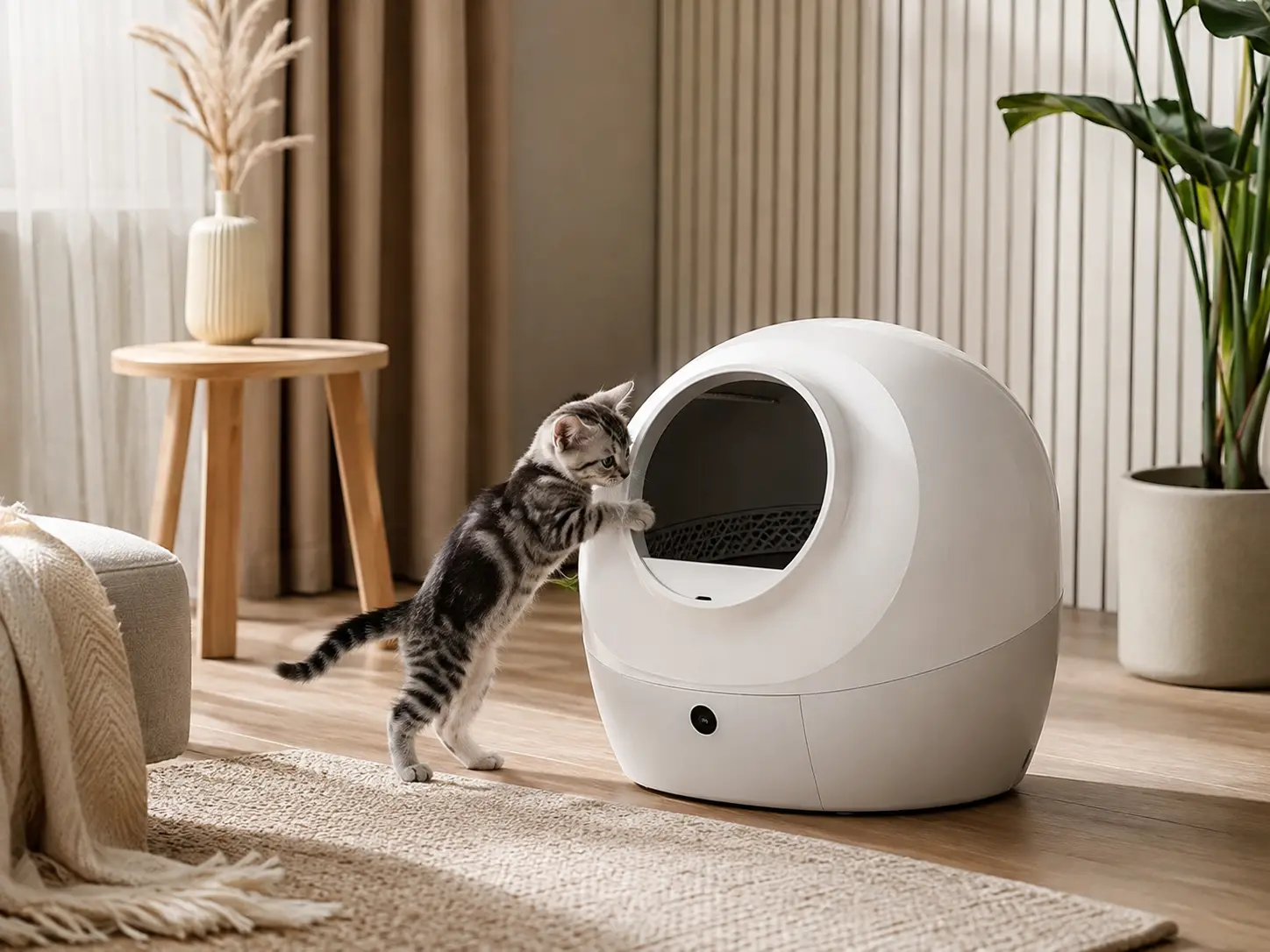 Gato pequeño explorando la entrada de un arenero automático