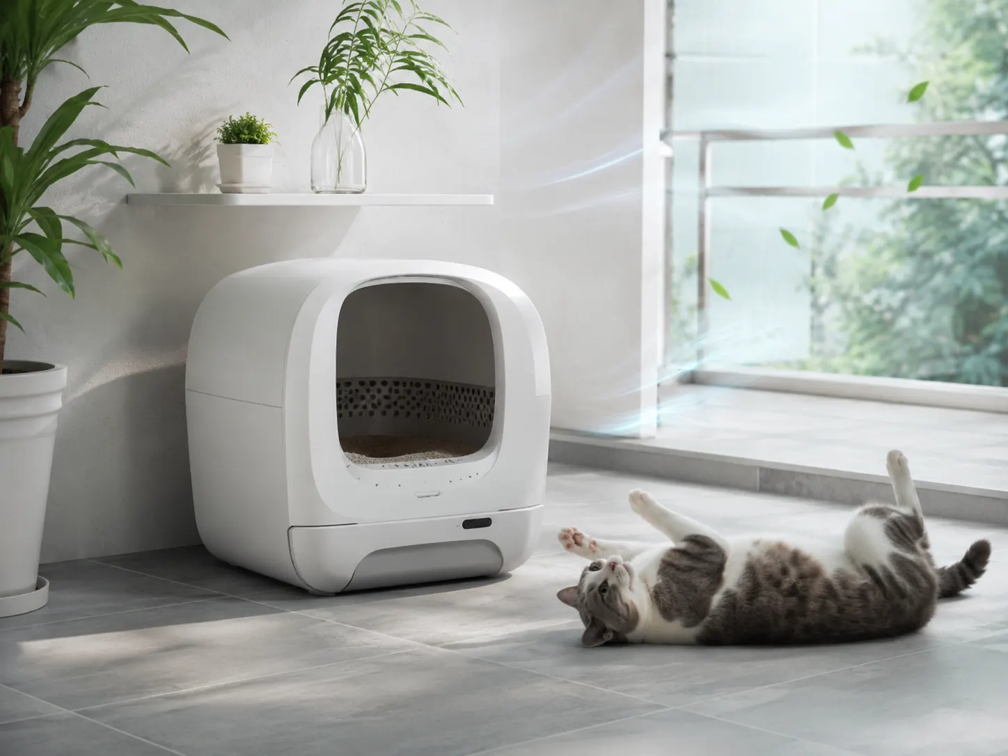 Gato relajado junto a un arenero automático en una estancia luminosa