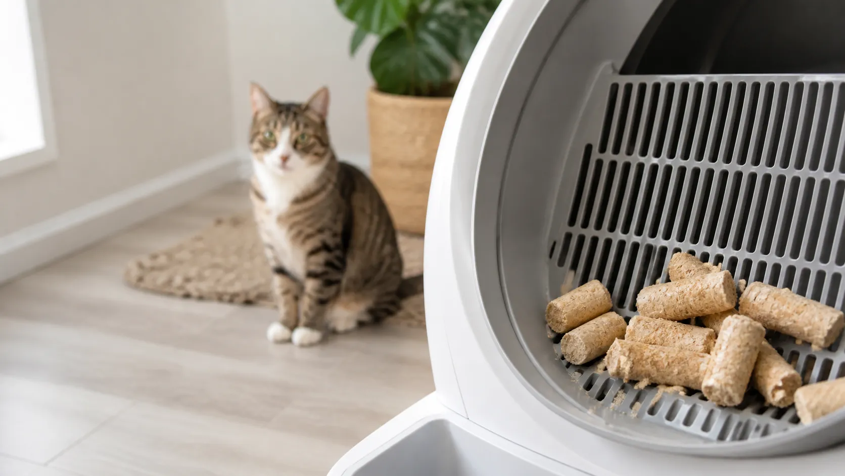 Pellets de madera de distintos tamaños junto a una bandeja para gatos