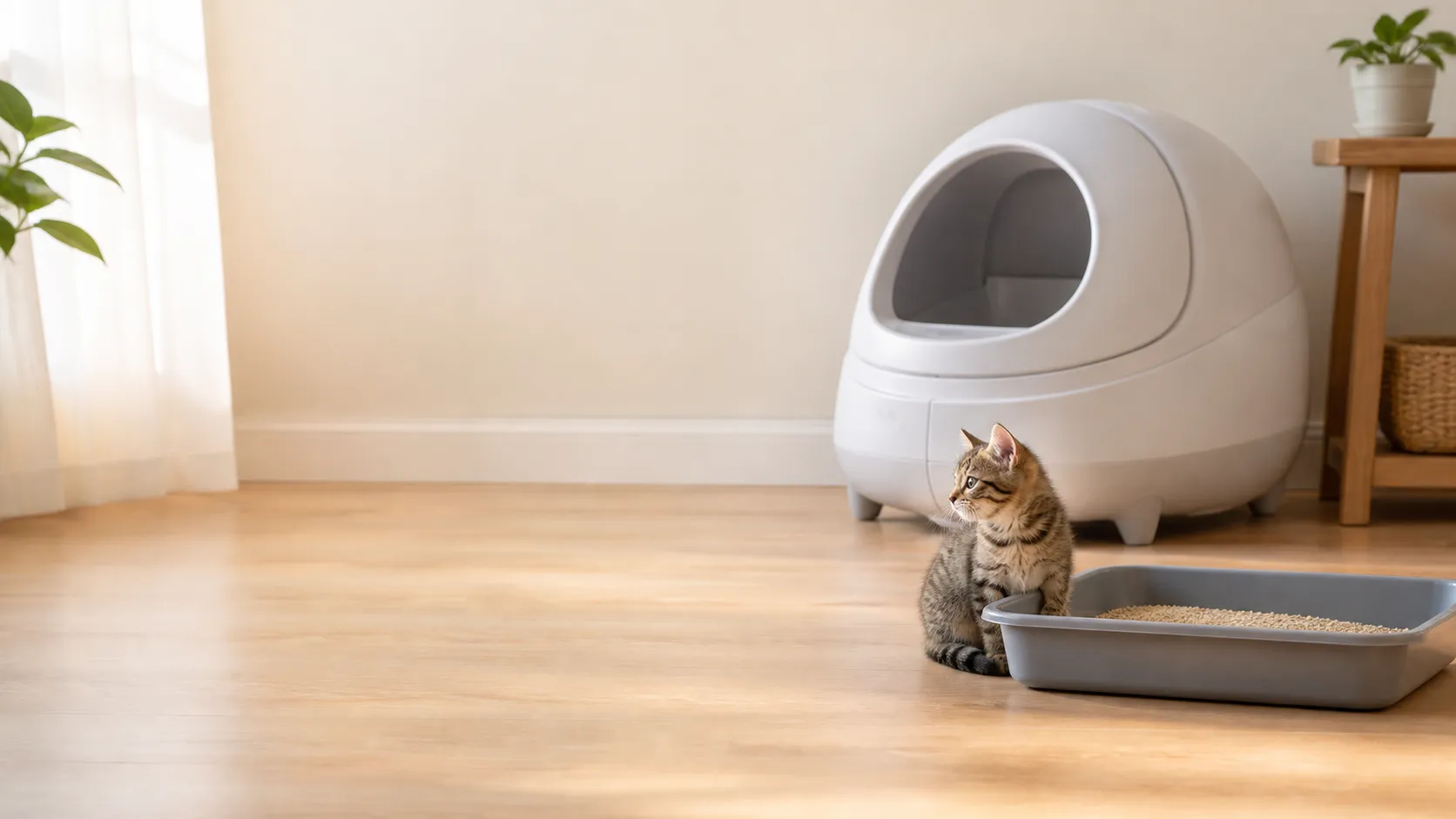 Gatito pequeño junto a un arenero automático detenido