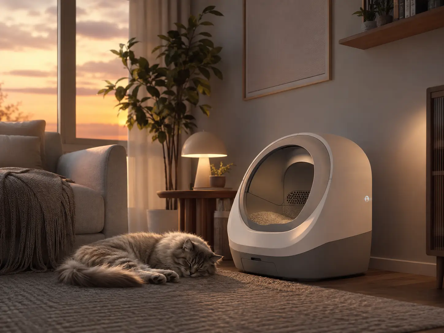 Gato descansando junto a un arenero automático silencioso al anochecer
