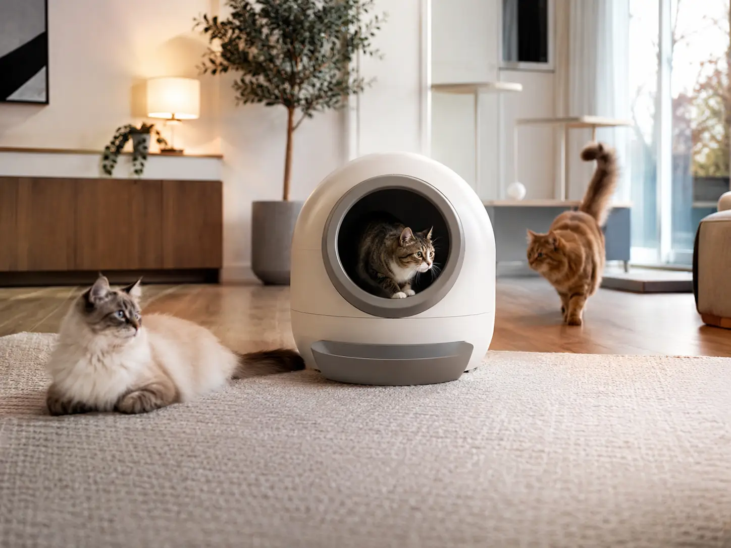 Varios gatos compartiendo una zona con arenero automático